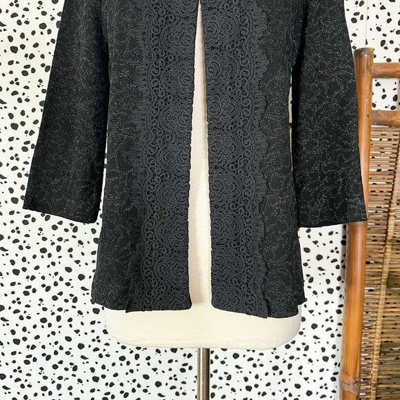 NEW Ming Wang | Black Metallic Knit Lace Trim 3/4 Sleeve Sweater Jacket S NWT - Picture 4 of 9